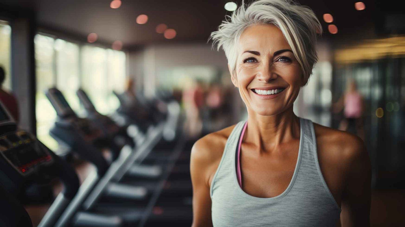 Smiling gym member beside a row of treadmills